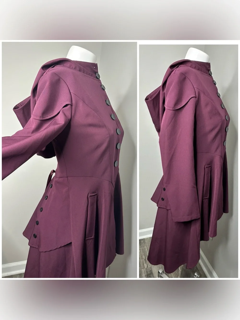 Fashion Plum Asymmetric lace -Back jacket /dress with Hood-nwot- small